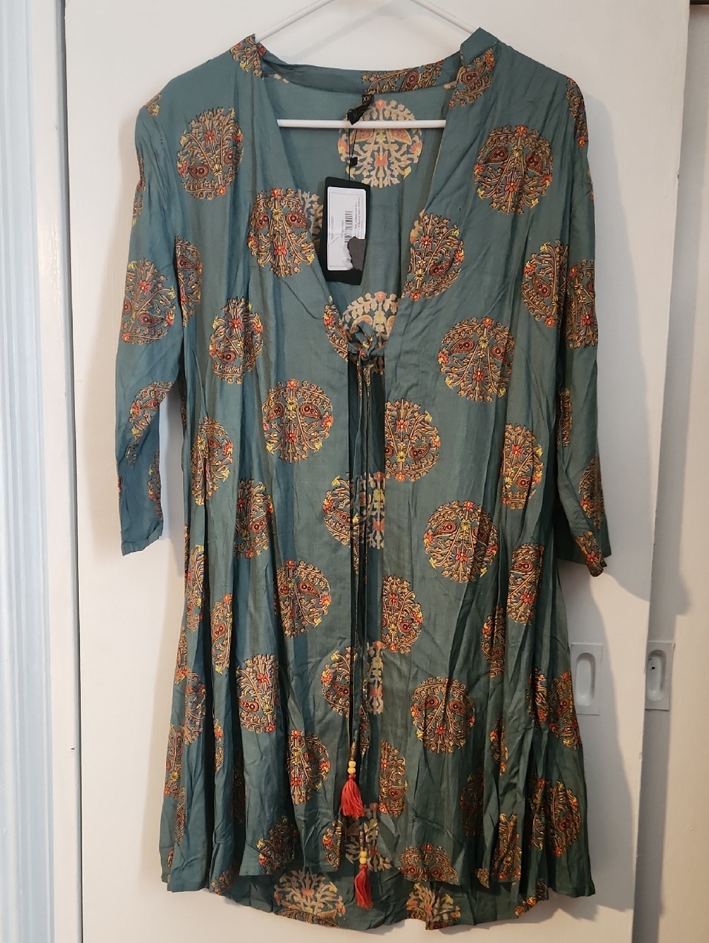 New Teal Green Indian Medallion Print Tunic Top with Tassel Tie
